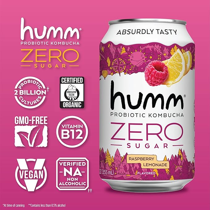 Humm Probiotic Kombucha Zero Sugar Raspberry Lemonade, No Refrigeration Needed, Keto Friendly, Organic, Vegan, Gluten Free, 12oz Cans (16 Pack)