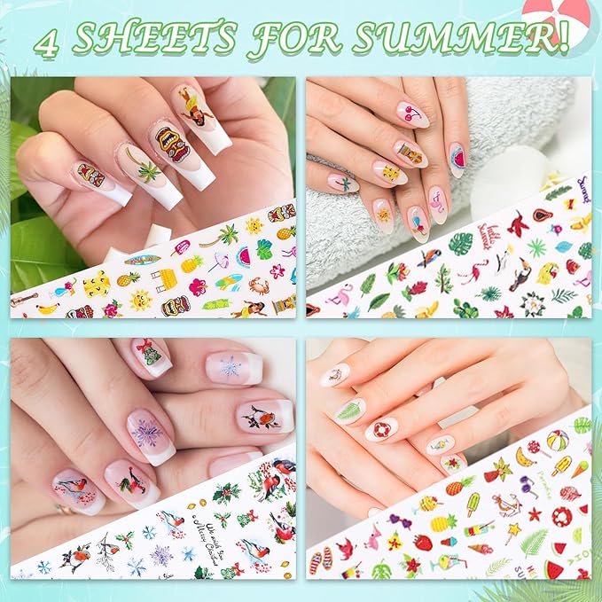 Whaline 18 Sheets All Year Nail Art Stickers Spring Summer Fall Winter Decorative Self-Adhesive Nail Decals for Seasonal Party DIY Manicure Supplies