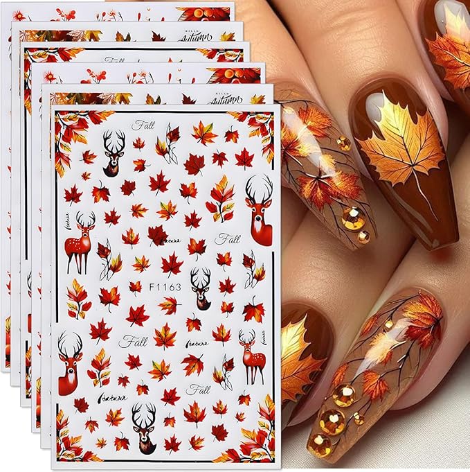 Fall Nail Art Stickers Decals 3D Autumn Maple Leaf Nail Stickers Self-Adhesive Nail Art Supplies 6PCS Autumn Leaves Deer Fall Nails Design Manicure Sliders for Women Thanksgiving Day Nail Decorations