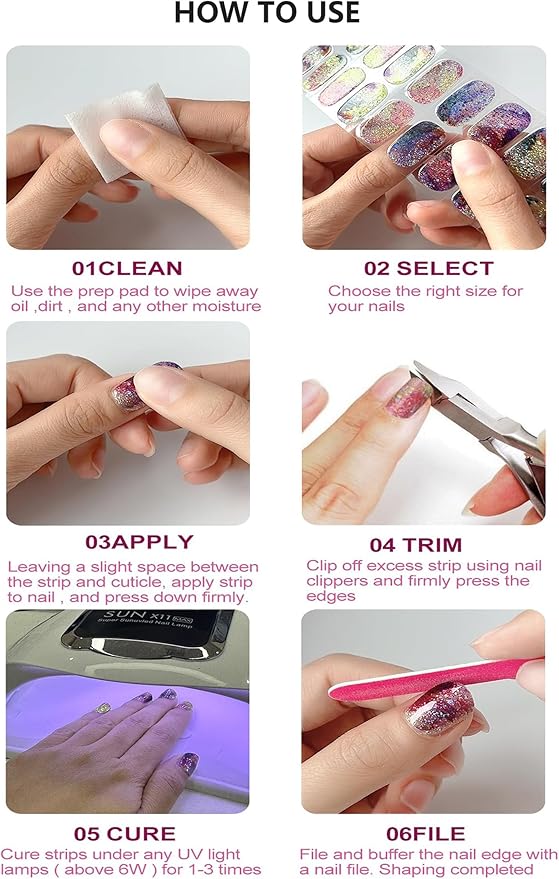 Gel Nail Sticker Semi Cured Nail Polish Strips Glitter Full Cured Pink Gel Nail Wraps