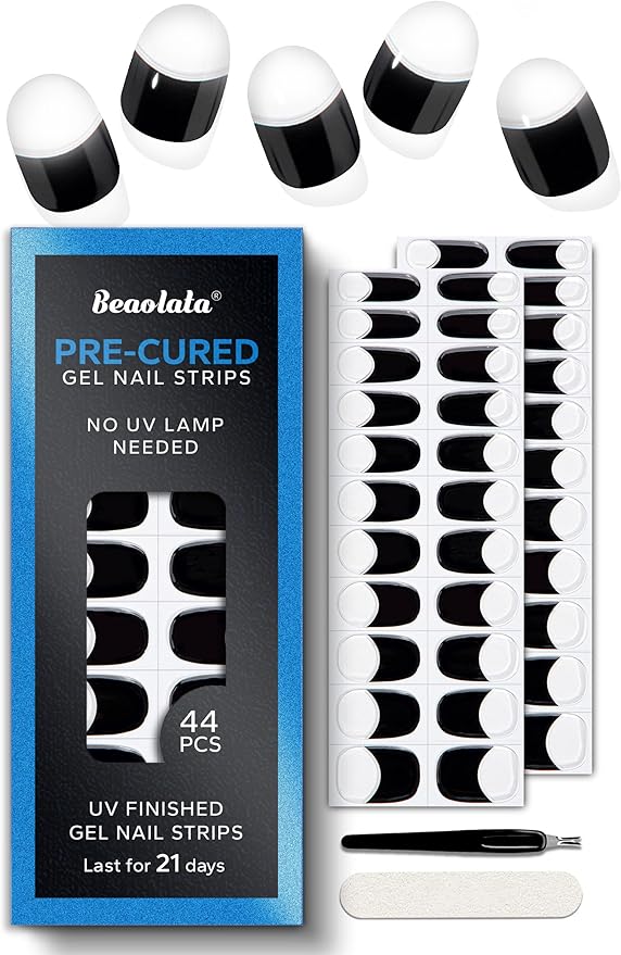 Pre Cured Gel Nail Strips - 44PCS Salon Quality Gel Nail Stickers - Long Lasting Polish Wraps for Women no UV Light Needed Easy Apply& Remove (Timeless Black)