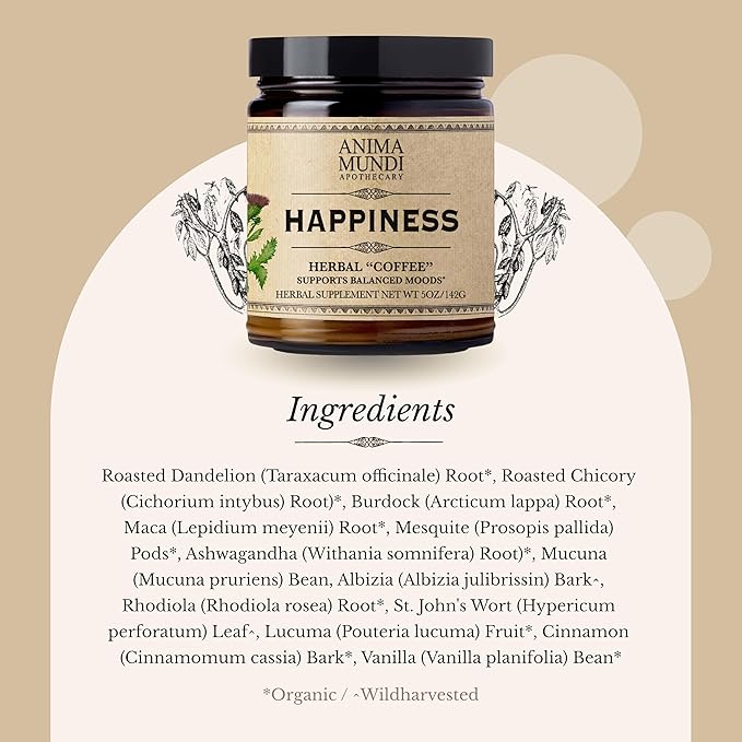 Anima Mundi Apothecary Herbal Coffee Substitute with Chicory Root & Ashwagandha Powder - Happiness Tonic "Coffee" Powder - Adaptogenic, Caffeine Free - Maca, St. John's Wort & More (5oz / 141g)