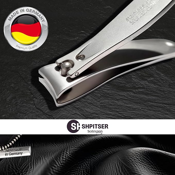 Shpitser Manicure and Pedicure Large Toenail Clipper, German Stainless Steel, Handmade in Solingen Germany, Large, 8cm, Leather Case (Black)