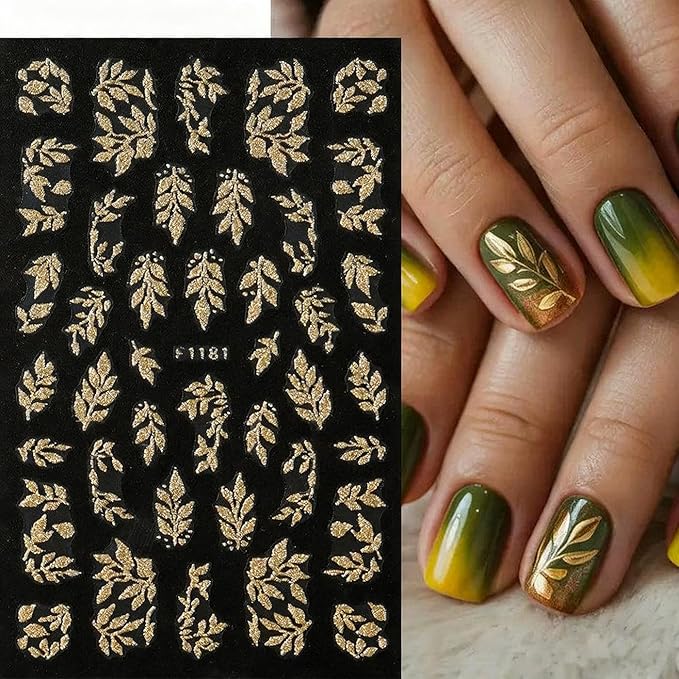 8Pcs Fall Nail Art Stickers, Gold Maple Leaves Nail Decals 3D Self-Adhesive Gold Fall Leaves Nails Stickers Glitter Nail Art Supplies for Women Nail Decoration
