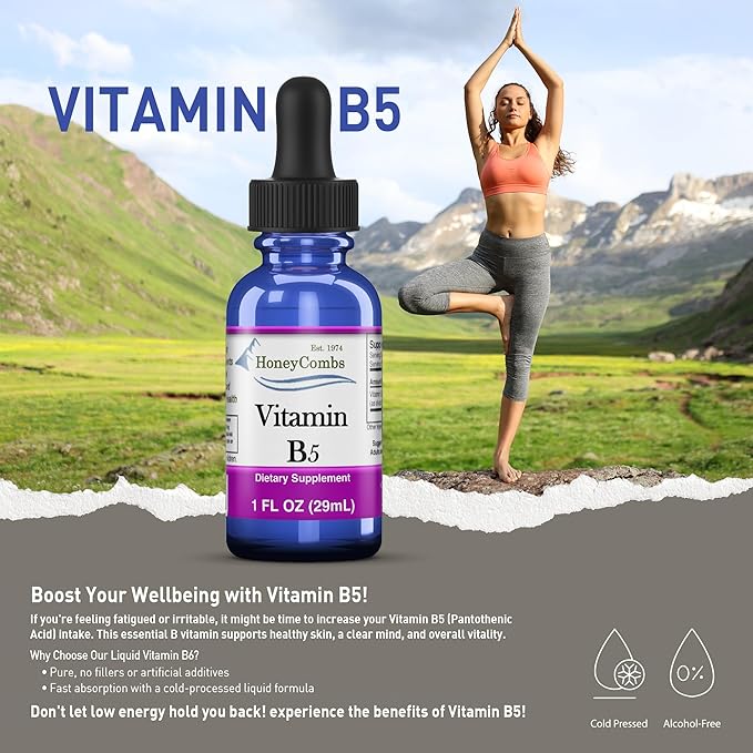 HoneyCombs Vitamin B5 Pantothenic Acid Supplement Liquid Drops - High Potency Vitamin B5 for Men & Women - Maintain Healthy Hormones, Immune System, Hair, Skin, Nails - Vegan Liquid Vitamins (1 Fl oz)