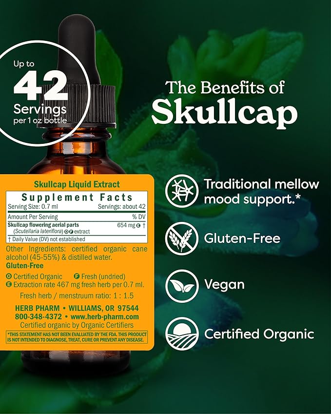 Herb Pharm Certified Organic Skullcap Liquid Extract for Nervous System Support, Organic Cane Alcohol, 1 Ounce