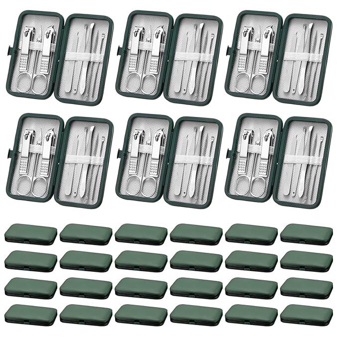 Lasnten 24 Set Christmas Manicure Set Bulk Nail Clippers Grooming Nail Kit Stainless Steel Professional Pedicure Kit Pedicure Tools with Travel Case Gifts for Xmas Men Women(8 in 1,Dark Green)