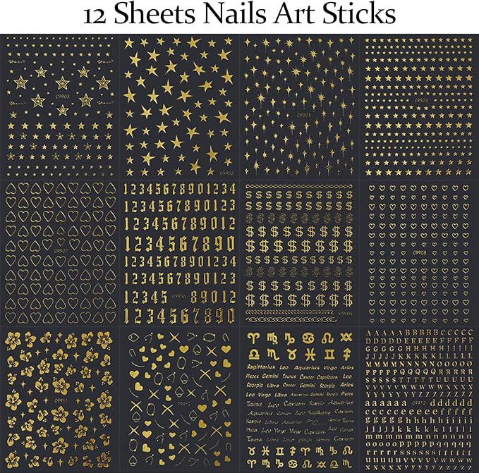 12 Sheets Star Nail Art Stickers Gold Nail Stickers for Nail Art 3D Self-Adhesive Heart Flower Nail Decals Gold Nail Supplies Design Manicure Supplies for Women