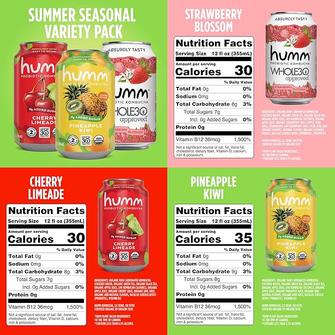 Humm Whole30 Approved Kombucha Seasonal Variety Pack, Strawberry Blossom, Cherry Limeade, Pineapple Kiwi, Organic, Vegan & GMO Free (12 Pack)