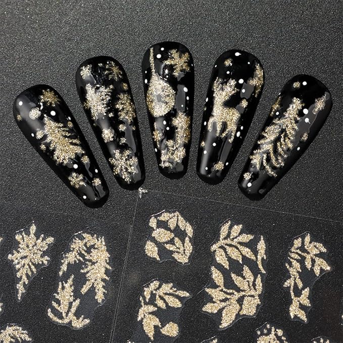 Christmas Nail Art Stickers Decals Gold Glitter Snowflake Snowy Tree Nail Decals 6PCS Snowflakes Deer Snowman Bell Leaf Christmas Nails Design Adhesive Stickers Manicure Nail Art Supplies for Women