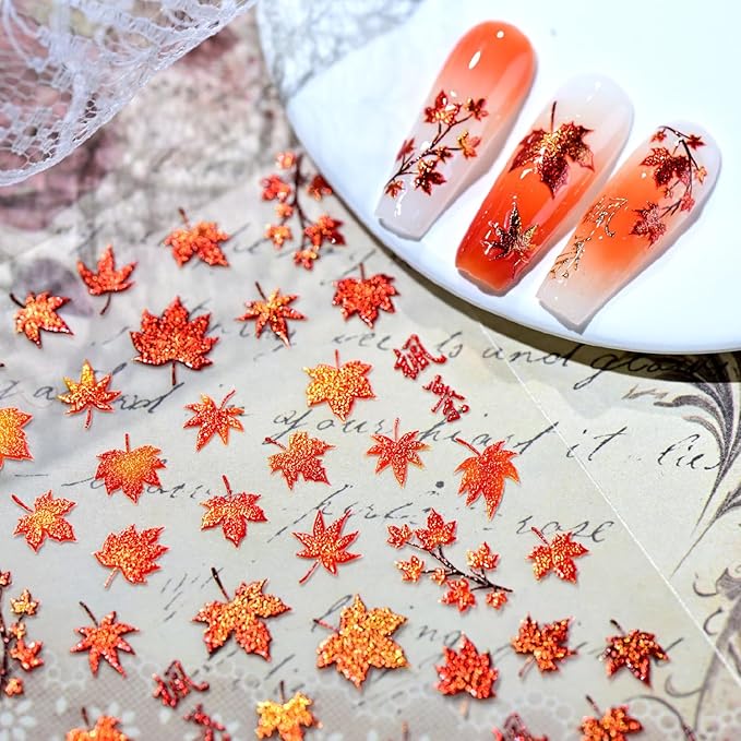 1 Sheets Fall Nail Stickers for Nail Art 5D Embossed Autumn Maple Leaves Nail Art Stickers with Red Maple Leaf Glitter Design Thanksgiving Nail Decals Nail Supplies Manicure Accessories for Women DIY