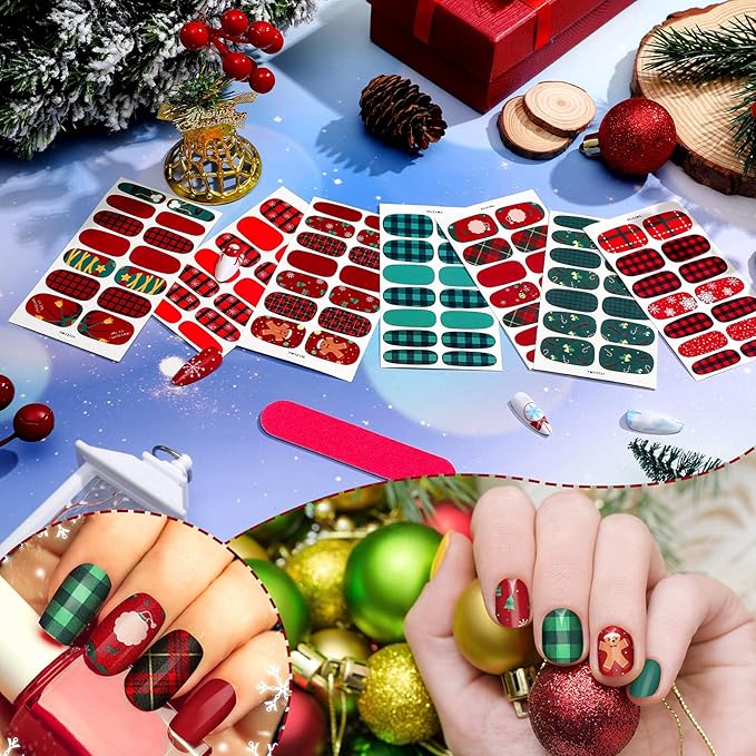 140 Pcs 10 Sheets Christmas Full Wrap Nail Stickers Polish Strips Plaid Gradient Stickers Glitter Self Adhesive DIY Art Decals Strips with 2 Pcs Nail Files for Xmas Decor (Plaid Style)