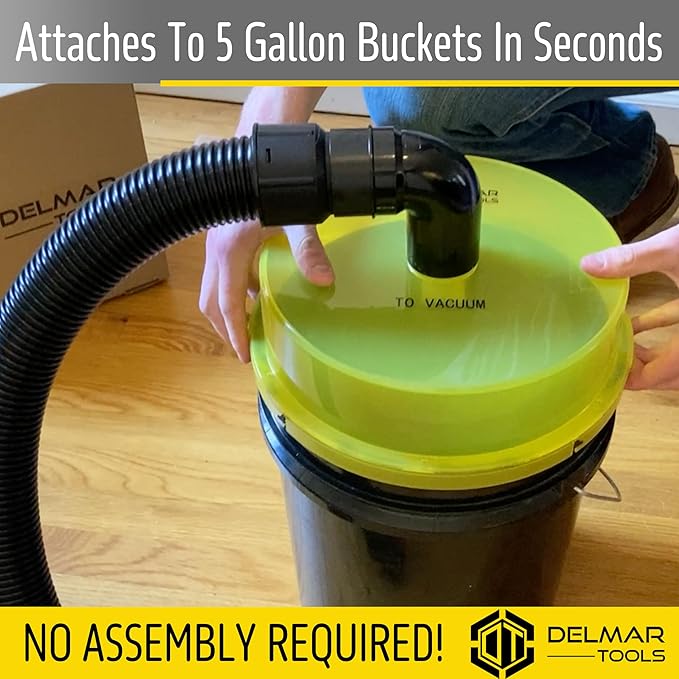 Low Profile Dust Separator With Lifetime Warranty, Wet/Dry Shop Vacuums, 99% Efficiency, Included 90° Adapter and 2.5" Hose, Attaches to 5 Gallon Buckets in Seconds, Maximum Suction