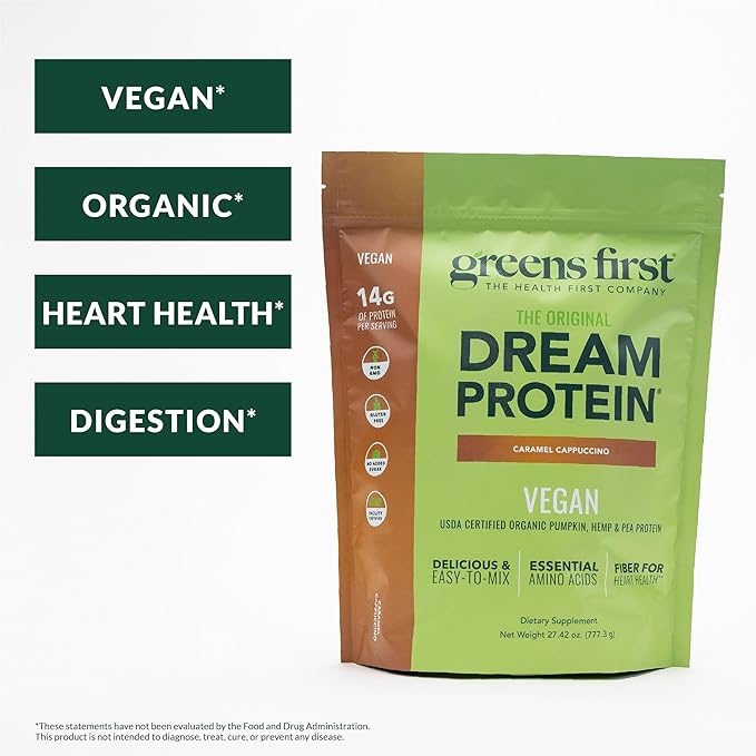 Greens First Dream Protein Plant-Based Vegan Powder - USDA Organic Pumpkin, Hemp & Pea Protein - Gluten-Free, Non-GMO, No Added Sugar (Caramel Cappuccino, 27.42 oz)