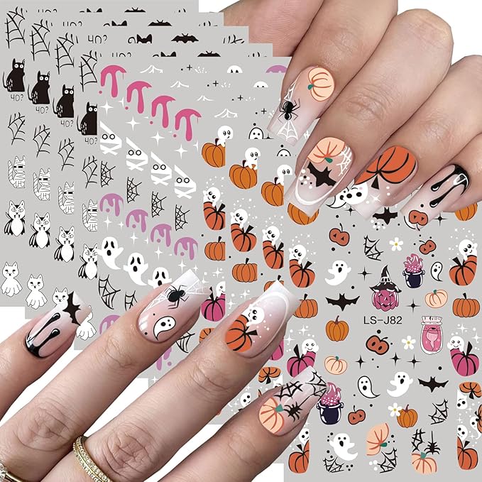 12 Sheet Halloween Nail Stickers Cute Pumpkin Bat Spider Cat Self-Adhesive Halloween Stickers for Nails for Women Halloweens DIY Manicure Supplies