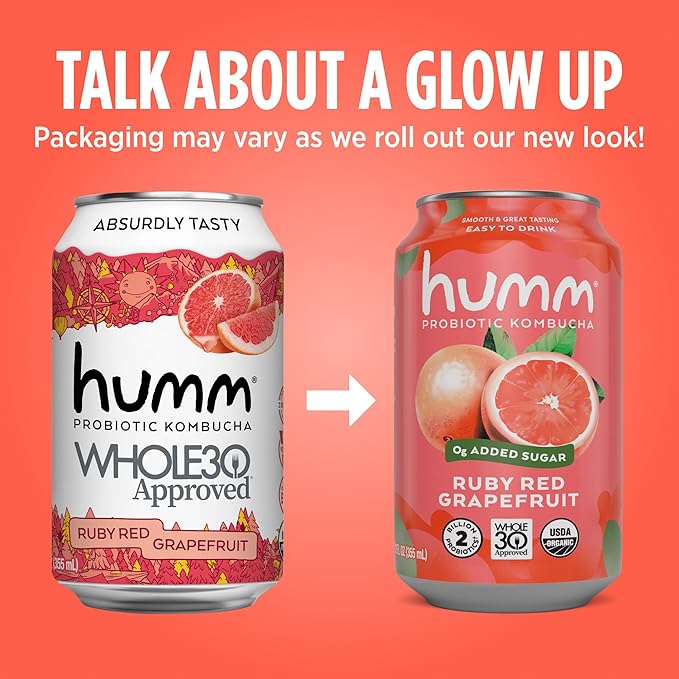 Humm Whole30 Approved Kombucha, Ruby Red Grapefruit, Organic, Vegan & GMO Free (12 Pack)
