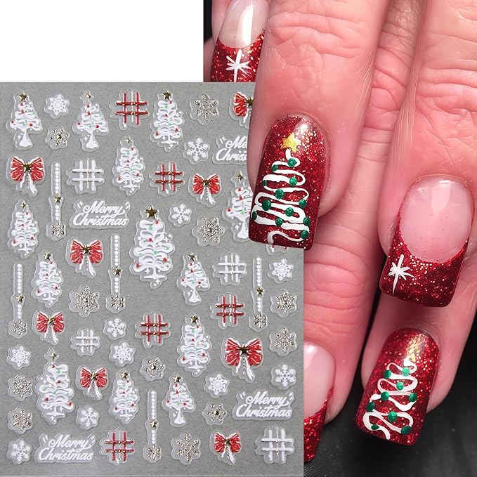 8 Pcs Snowflake Nail Stickers 5D Embossed Self-Adhesive Xmas Snowball Nail Decals Christmas Tree Nail Art Stickers Lantern Ball Holly Leaf Snowmen Nail Supplies for Women Winter Holiday DIY Manicure
