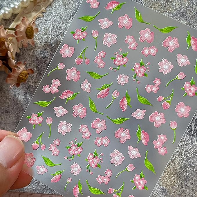 Flower Nail Stickers for Nail Art - Peach Blossom Nail Art Sticker Floral Embossed Nail Decals Self-Adhesive Nails Supply Manicure Stickers for Nails Decoration