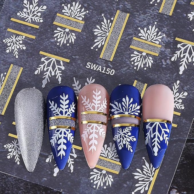 Christmas Nail Art Stickers Decals Snowflake Nail Decals 6PCS White Black Snowflake Gold French Stripe Tips Heart 3D Self-Adhesive Christmas Nail Stickers for Women Holiday DIY Nail Art Decorations