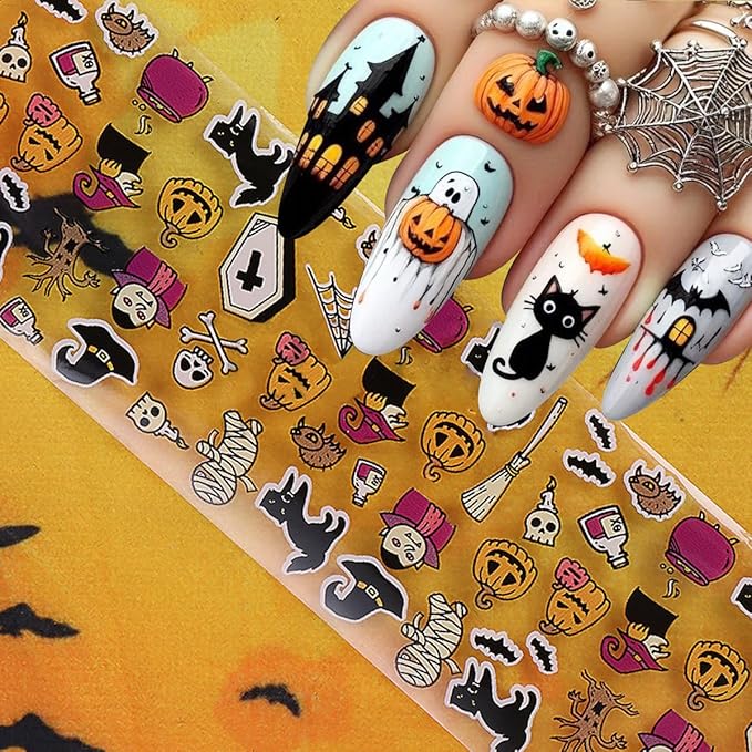 10 Rolls Halloween Nail Stickers Cartoon Pumpkin Nail Art Stickers with Spider Skull Bat Cat Design Sticker Cute Ghost Nail Decals Nail Supplies for Women DIY Acrylic Nails Manicure Wraps Decoration