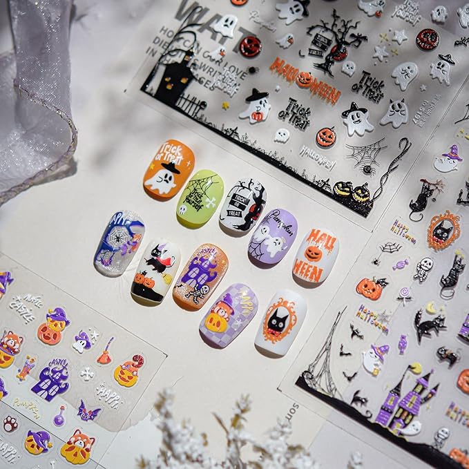 1Sheet Embossed 5D Halloween Nail Stickers Cute Ghost Pumpkin Nail Decals Self-Adhesive Halloween Spider Web Bats Nail Supplies Pegatinas Uñas Spider Nails Design for Women DIY Manicure Decoration
