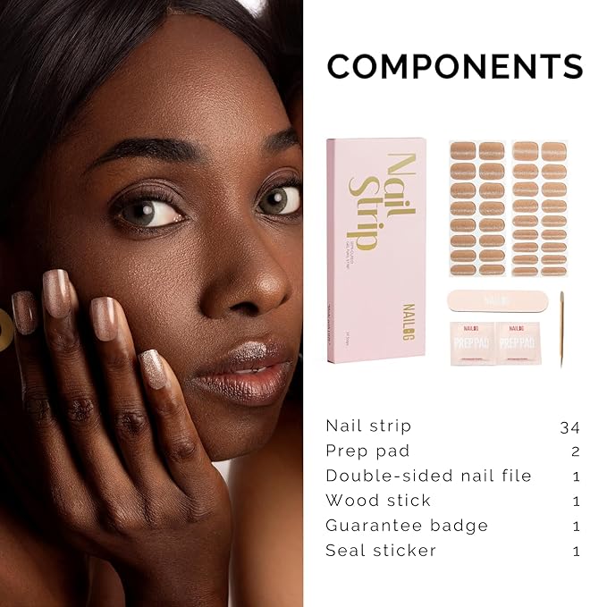 NAILOG Semi Cured Gel Nail Strips - 34 pcs | Buy 2 Get 1 UV Lamp | Long Lasting Nail Polish Sticker Wraps with Glossy Gel Finish, Nude Gleam