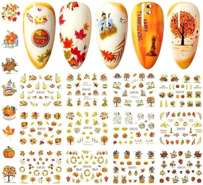 12 Sheets Fall Nail Art Stickers Thanksgiving Nail Decals Water Transfer Foils Maple Leaf Pumpkin Turkey Autumn Nail Stickers for Women Girls Kids DIY Fingernail Toenail Decoration Manicure