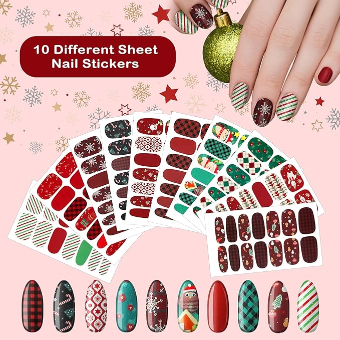 140 Pcs 10 Sheets Christmas Full Wrap Nail Stickers Polish Strips Plaid Gradient Stickers Glitter Self Adhesive DIY Art Decals Strips with 2 Pcs Nail Files for Xmas Decor (Snowflake Style)