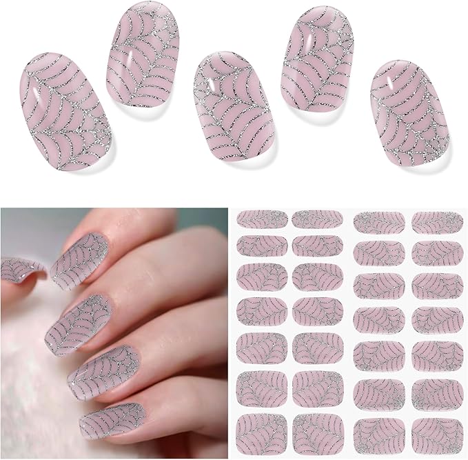 Semi Cured Gel Nail Strips | 28 pcs Gel Nails Strips Halloween Work with Any UV Lamps, Long Lasting UV Nail Stickers for Women DIY Nails Wraps (Spider Web)
