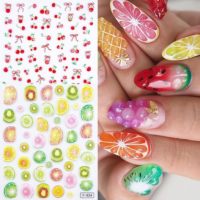 Summer Nail Art Stickers Fruits Nail Sticker 3D Self-Adhesive Shiny Lemon and Cherry Design Nail Decals DIY Salon Acrylic Nail Art Decoration Accessories for Women Vacation Nails