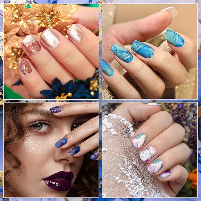140 Pcs 10 Sheets Marble Full Wrap Nail Stickers Polish Strips Gradient Stickers Glitter Self Adhesive DIY Art Decals Strips with 2 Pcs Nail Files for Holiday Decor (Marble Style)