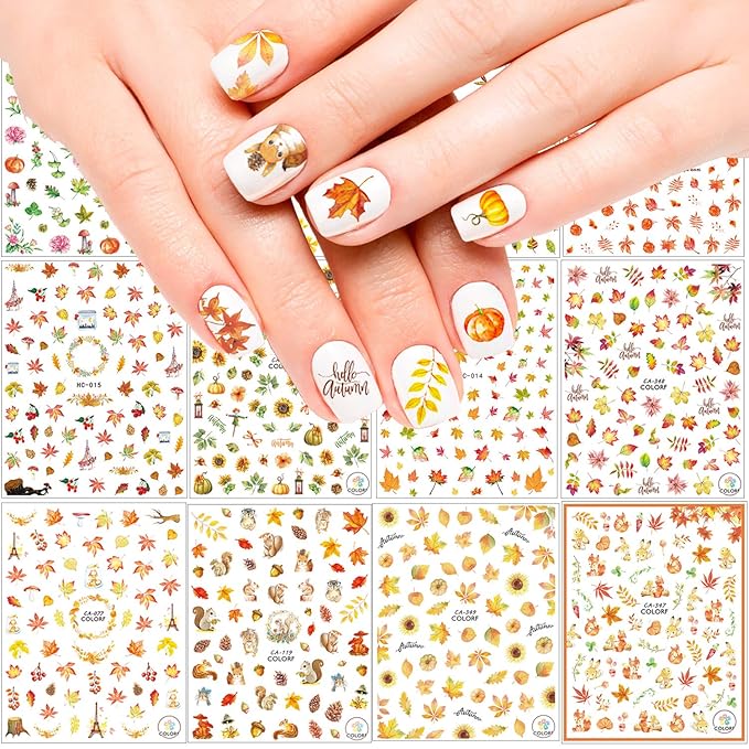1000+ Patterns Autumn Nail Art Decals Fall 3D Nail Self-Adhesive Stickers Harvest Pumpkin Maple Leaves Sunflower Squirrel for Women Girls Kids DIY Nail Design Manicure Thanksgiving Day