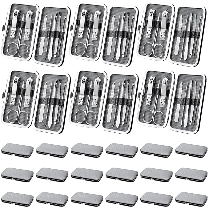 Lasnten 24 Set Christmas Manicure Set Bulk Nail Clippers Grooming Nail Kit Stainless Steel Professional Pedicure Kit Pedicure Tools with Travel Case Gifts for Xmas Men Women(8 in 1,Gray, Silver)