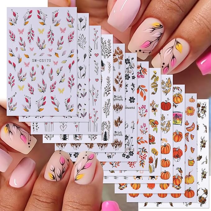 Fall Nail Stickers Decals 12 Sheets Autumn Leaves Nail Art Decals Pumpkins Drinking Maple Leaves Flower Nails Design 3D Self-Adhesive Holiday Thanksgiving Sliders Manicure Nail Decoration