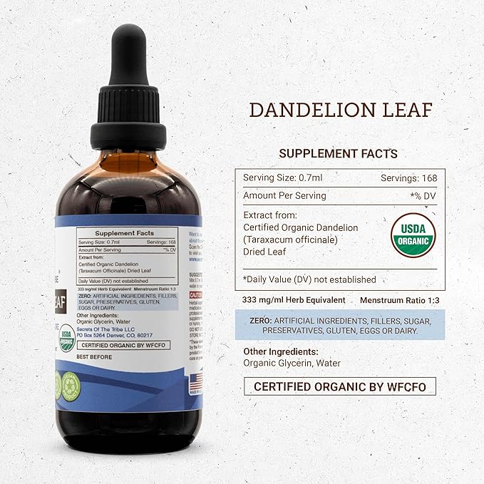 Secrets of the Tribe Dandelion Leaf USDA Organic | Alcohol-Free Extract, High-Potency Herbal Drops | Made from 100% Certified Organic Taraxacum Officinale Dried Leaf 4 fl oz