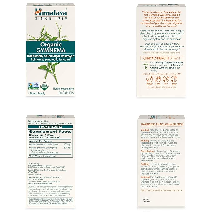 Himalaya Organic Gymnema Sylvestre - Herbal Glucose Metabolism Support - USDA Organic, Non-GMO, Vegan, Gluten Free, 700 mg, 60 Caplets
