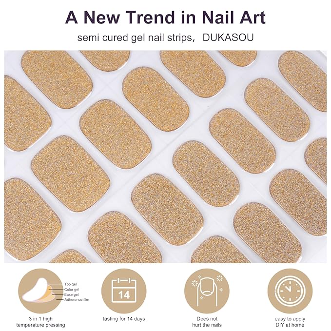 Semi Cured Gel Nail Strips,28 PCS Gold Nail Art Stickers(Shiny),Gel Stickers for Nails UV Light,Nail Polish Strips Includes Prep Pads, Nail File & Wood Stick