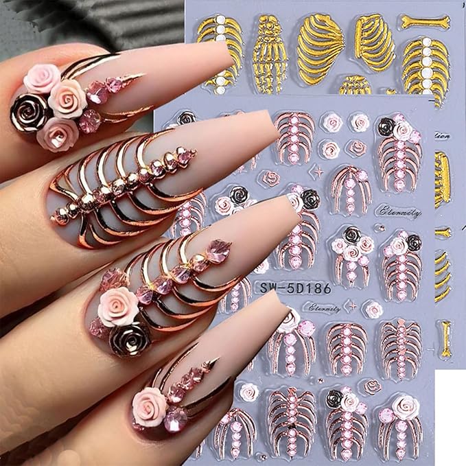 Halloween Nail Stickers Gold Finger Bones Nail Decals 5D Embossed Nail Supplies Rose Gold Bone Skeleton Nail Art Stickers for Acrylic Nails for Women DIY Manicure Decorations 2PCS