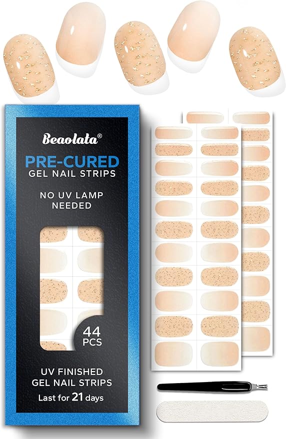 Pre Cured Gel Nail Strips - 44PCS Salon Quality Gel Nail Stickers - Long Lasting Polish Wraps for Women no UV Light Needed Easy Apply& Remove (Crush Gold）