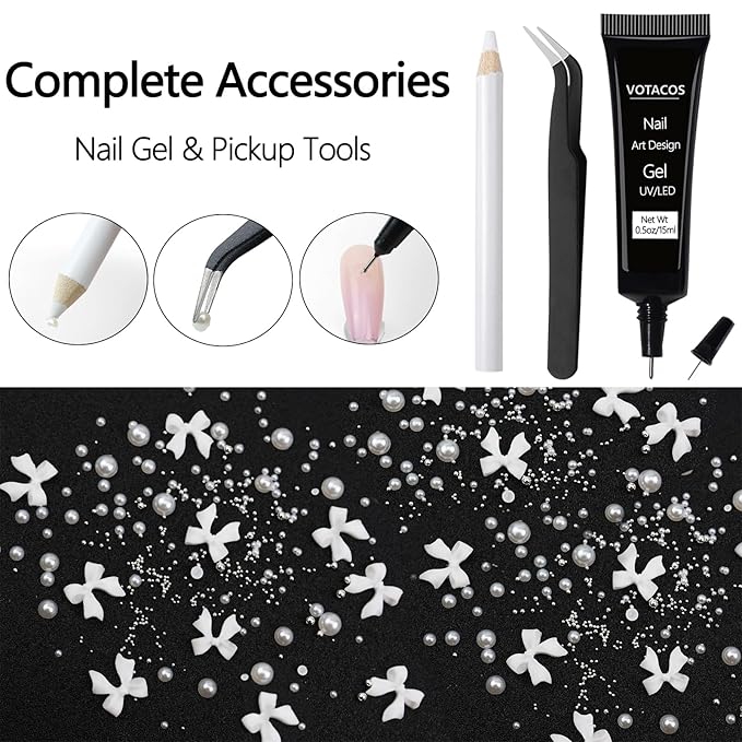 Nail Art Charms White Bow Nail Rhinestones with Glue Gel Flatback Pearls Luxurious Nails Gems Supplies Accessories White Silver Jewelry Pearls for Women Nails DIY Design