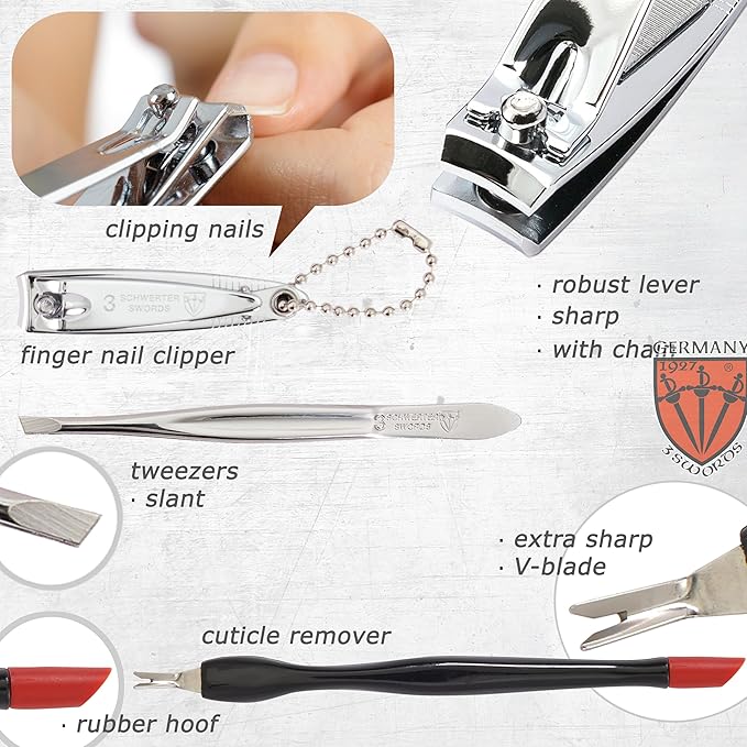 3 Swords Germany - brand quality 7 piece manicure pedicure grooming kit set for professional finger & toe nail care scissors clipper fashion leather case in gift box, Made by 3 Swords Germany (6271)