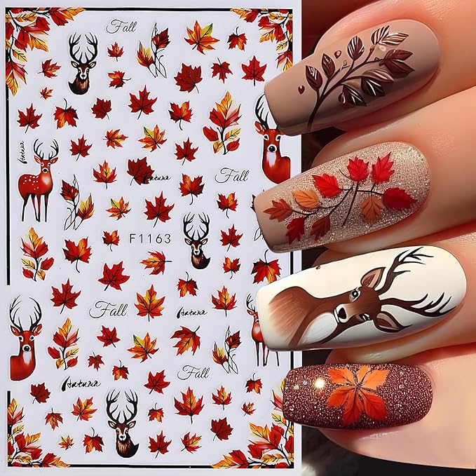 Fall Maple Leaves Nail Art Stickers for Thanksgiving, Maple Leaves Nail Decals 3D Self-Adhesive with Deer Pumpkin Flower Mushroom Design 6Pcs Nail Art Supplies for Women Nail Decoration