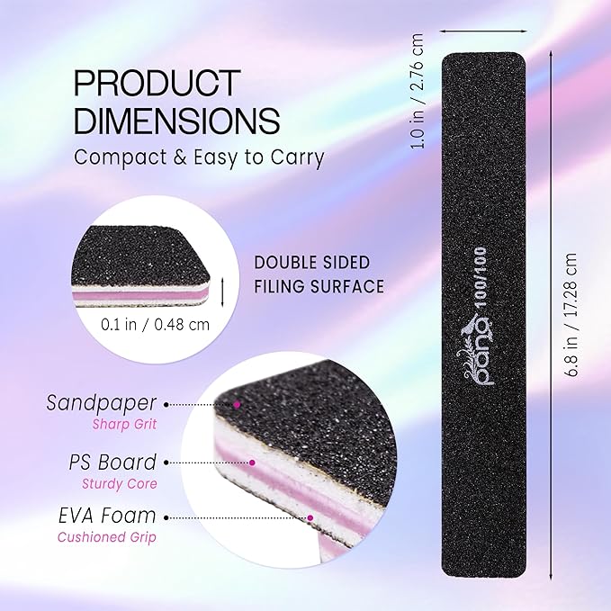 10pcs - PANA Jumbo Double-Sided Emery Nail File for Manicure, Pedicure, Natural, and Acrylic Nails - Black (Grit 100/100)
