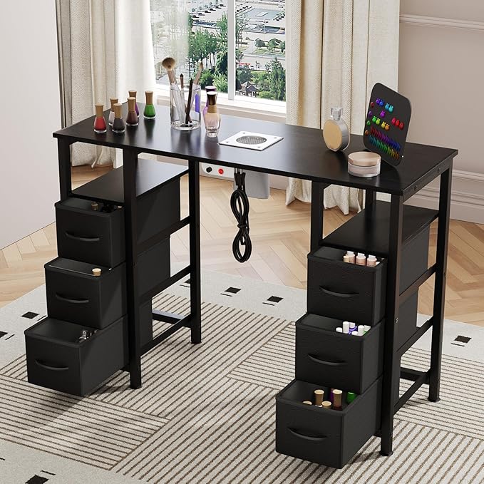 Manicure Table Nail Desk for Nail Tech, Nail Beauty Table w/Electric Dust Collector & 6 Storage Drawers & Open Shelves for Home, Workshop, Makeup Beauty Salon Workstation