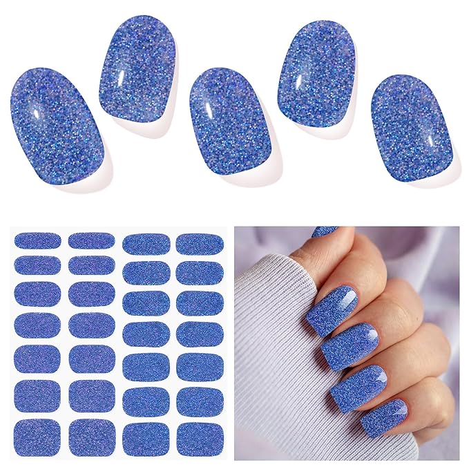 Semi Cured Gel Nail Strips, Dark Blue Sparkle | 28 pcs Gel Nail Strips Work with Any UV Lamp, Salon Quality UV Nails Stickers, Easy to Apply for Home Nails DIY