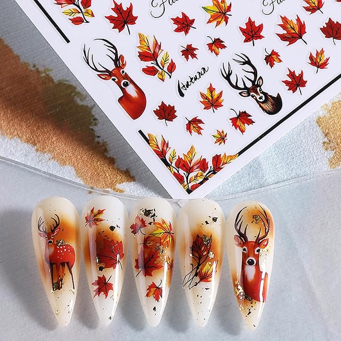 Fall Nail Art Stickers 6PCS Autumn Maple Leaf Nail Decals Fallen Leaves Elk Design 3D Self-Adhesive Nail Art Supplies Fall Leaf Deer Nail Accessories for Women Thanksgiving Day DIY Manicure Decoration