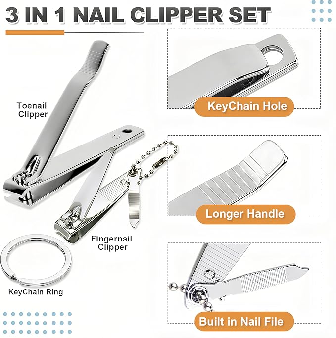 12-Piece Stainless Steel Fingernail & Toenail Clippers Set with File & Keychain - Bulk Nail Clippers Kit for Men/Women, Home, Travel, Gifts, Homeless Care Supplies (6 Small + 6 Medium)