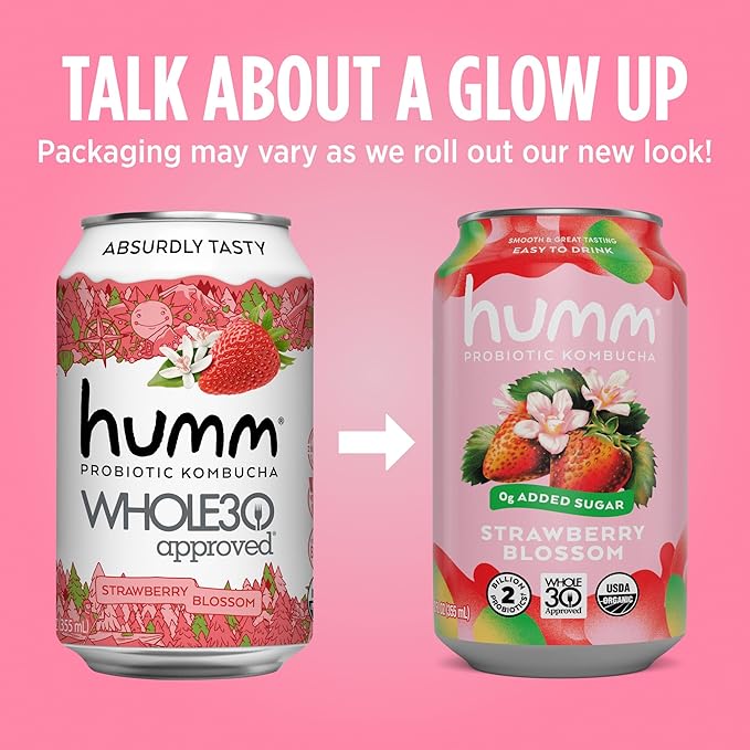 Humm Whole30 Approved Kombucha Seasonal Variety Pack, Strawberry Blossom, Cherry Limeade, Pineapple Kiwi, Organic, Vegan & GMO Free (24 Pack)
