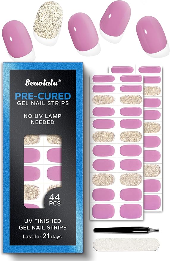 Pre Cured Gel Nail Strips - 44PCS Salon Quality Gel Nail Stickers - Long Lasting Polish Wraps for Women no UV Light Needed Easy Apply& Remove (Peach Pink)