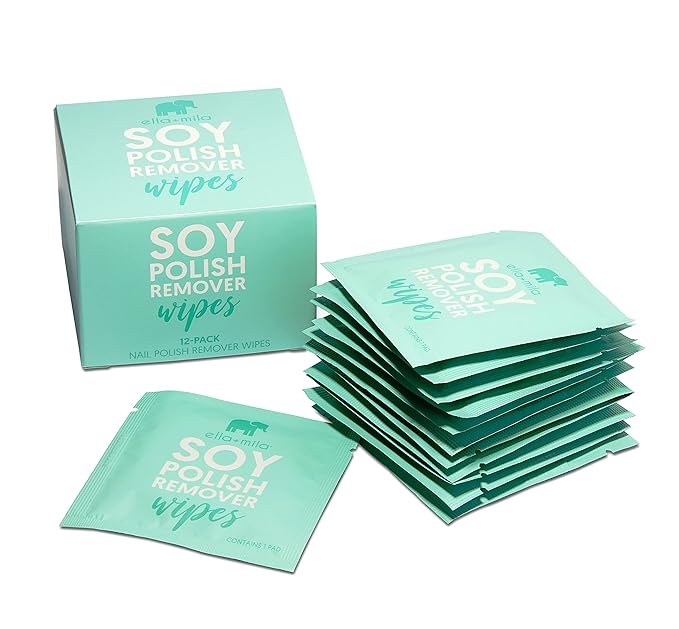 ella+mila Soy Nail Polish Remover Wipes Non-Acetone Lint Free Nail Wipes - Non-Toxic Fingernail Polish Remover - Unscented & Enriched with Vitamins A,C & E (12 Pack)
